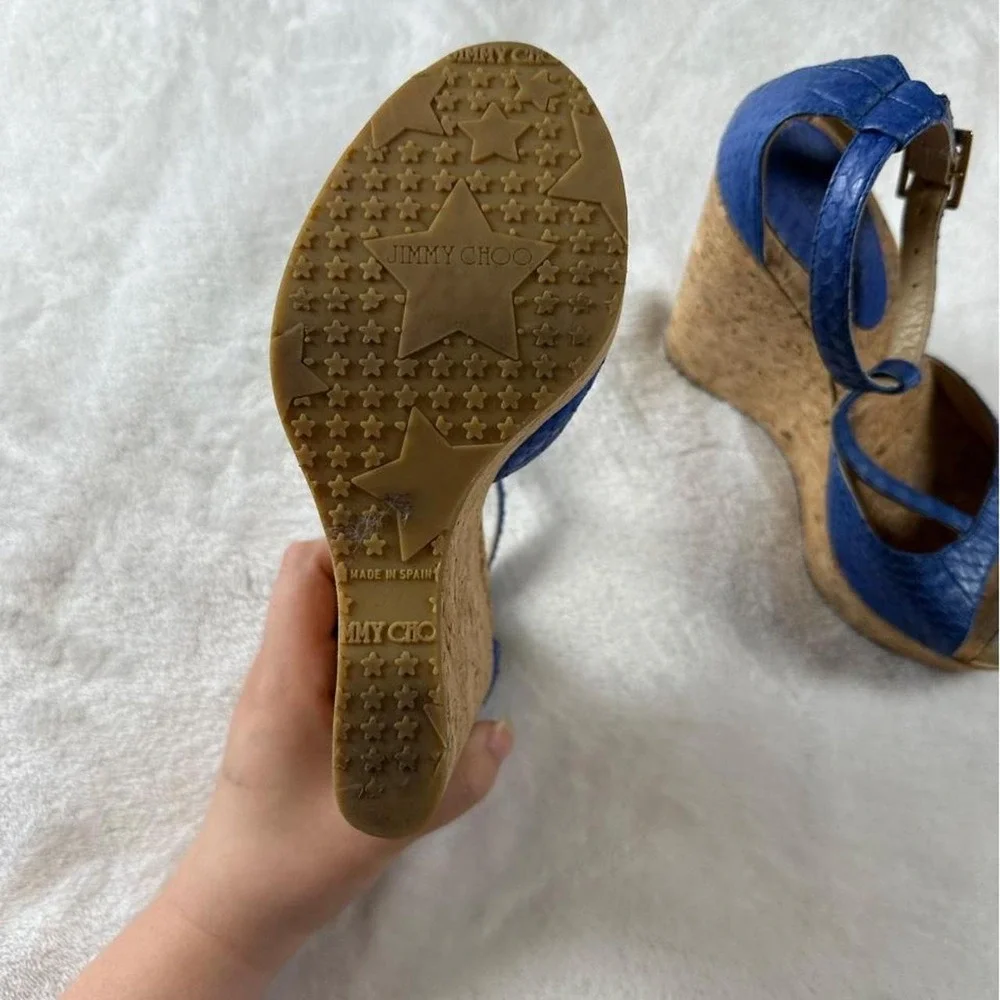 Jimmy Choo blue snake skin embossed leather platform cork wedge sandals y2k